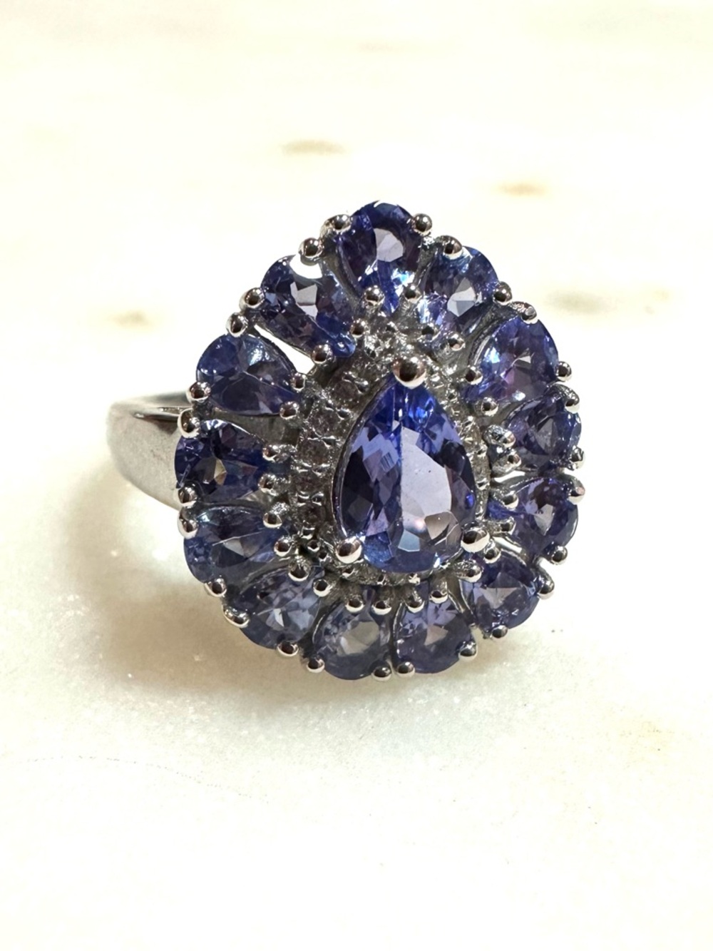 Blue Tanzanite With White Zircon Rhodium Over Sterling Silver Halo Ring 2.65ctw